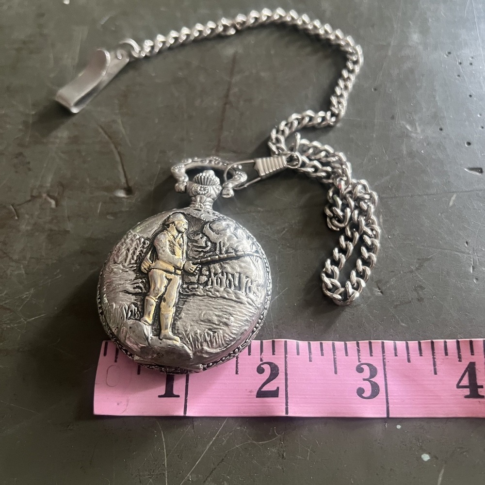 Vintage Milan Silver Toned Analog Pocket Watch Date Indicator Fisherman